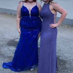 Blue floral lace and sequin prom dress with slit. Size 18 with corset back.
